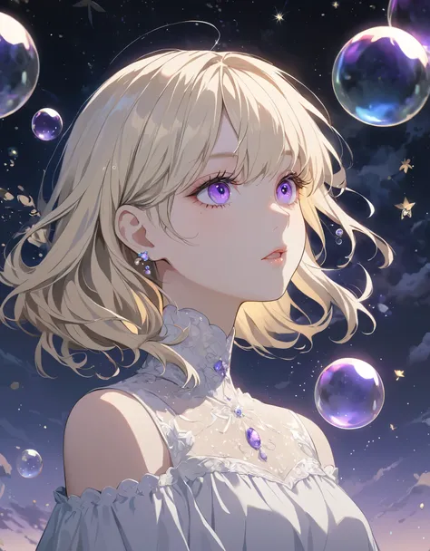 (Highest quality:1.2), Beautiful lo-fi minimalist vibe, Cute Highest quality:1.2), Beautiful lo-fi minimalist vibe, Cute, a beautiful anime style girl with light blonde hair, violet eyes, blowing bubbles under a starry night sky, extremely detailed face an...