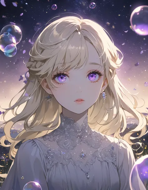 (Highest quality:1.2), Beautiful lo-fi minimalist vibe, Cute, a beautiful anime style girl with light blonde hair, violet eyes, blowing bubbles under a starry night sky, extremely detailed face and eyes, long eyelashes, natural expression, elegant dress, s...
