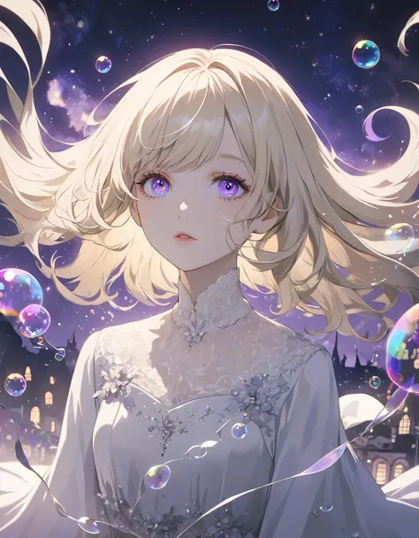 (Highest quality:1.2), Beautiful lo-fi minimalist vibe, Cute, a beautiful anime style girl with light blonde hair, violet eyes, blowing bubbles under a starry night sky, extremely detailed face and eyes, long eyelashes, natural expression, elegant dress, s...