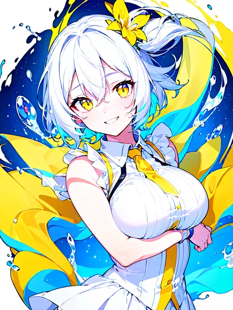 [(WHITE BACKGROUND:1.5),::5], ((((masterpiece)))), high quality, very_high_resolution, large_filesize, upper body, full color, (()), short white hair, vivid color, ((yellow eye)), Summer clothes white, smile, animestyle, (NeonSoda Splash effect:1.3)