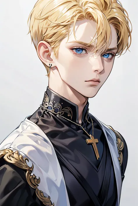 Blue-eyed boy, Blonde hair, One-sided skull earrings, short hair, Handsome but repressed face / Worried, Emotionless face, Character design, Wearing a cross necklace, black dress, personal view, 