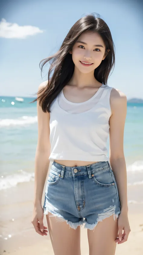 Beautiful and elegant high school girl, Small person, (White tank top, Denim shorts),  (slim, small, flat, small), A dark-haired, Realistic, detailed, Skin Texture, Ultra Detail,  smile, 超detailedな顔, detailedな唇, detailedな目, Double Eyelid,Beach