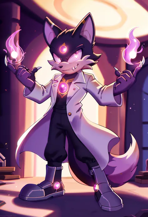 1boy, male fox mobian, anthropomorphic, galaxy fur, void black fur with stars, glowing purple eyes, mischievous smile, sharp vam...