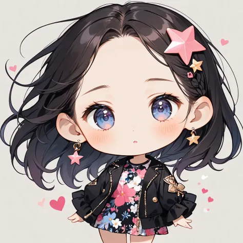 Black Star Pink＆White Style, Simple line initials，Abstract art,  (((The most beautiful girls of all time))), Cute face. (((Chibi))), Colorful hearts, Cute design,Sleepy face、Black Hair、Eyes closed