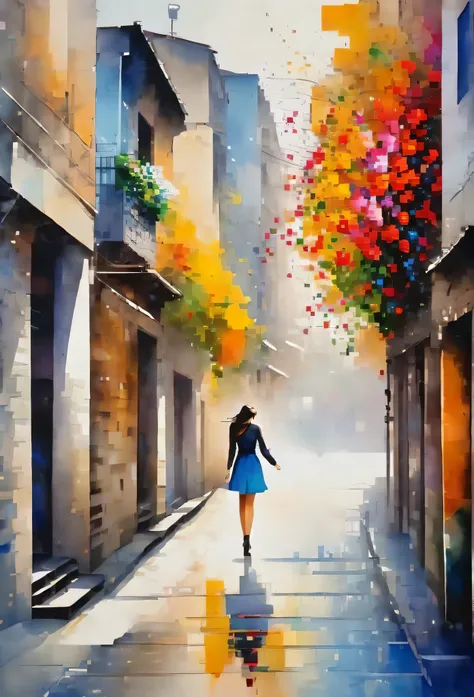 Watase Seizo style, Standing in front of a high wall，Simple Line Initialism，Abstract art，Urban Background, (((The most beautiful girl))), Lips in Love, walking, colorful flowers