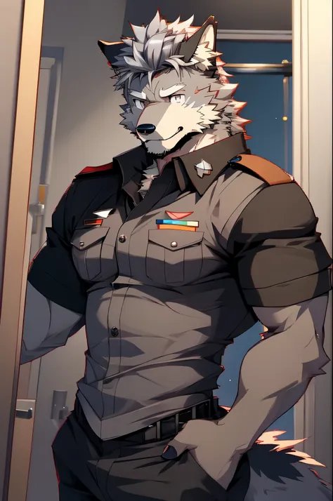 a top body picture and right side picture of a super muscular furry style gray wolf. he is wearing a brown police outfit uniform...