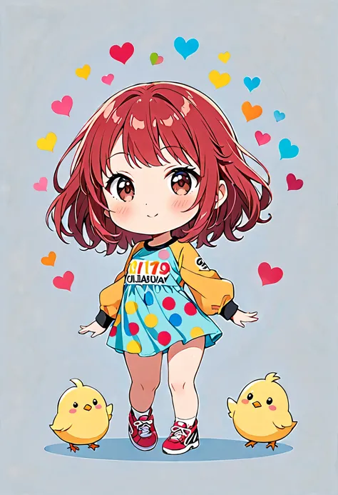 Ultra-realistic Yayoi Kusama colorful style, Simple lines acronym abstract art，(((The most beautiful woman of all time))), (((Chibi))), Colorful hearts, Cute design, Sports Fashion, Dark Eyes, (((happy holiday))), (((Cute chick)))