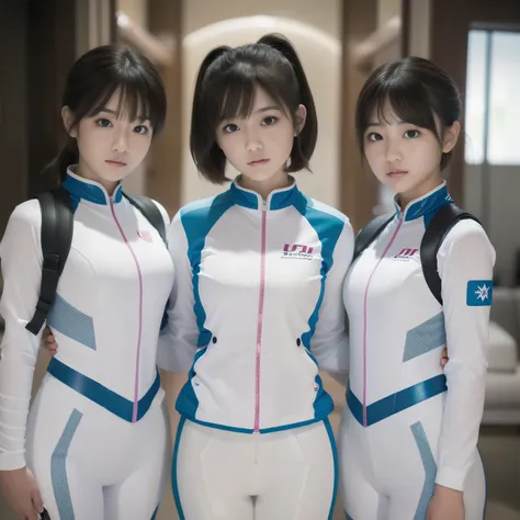 ultra hd、masterpiece、short bob、bold camera angles、beauty、petite and cute、science ninja team、white rider suit、３sisters、