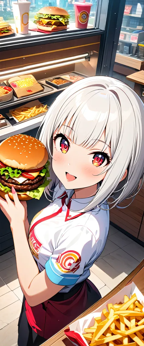 anime girl holding a hamburger and fries in front of a counter