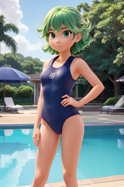 One girl, solo, High resolution, Tatsumaki/One Punch Man,Navy blue school swimsuit、Standing by the pool、Gravure idol