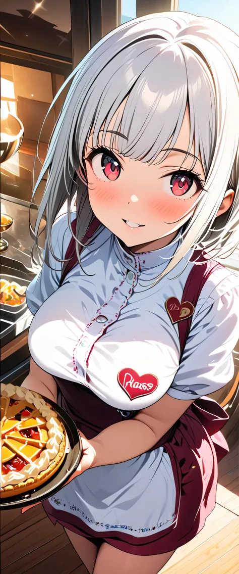 anime girl holding a pizza in front of a pizza oven