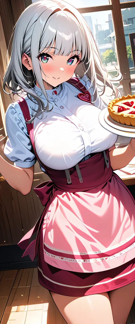 anime girl holding a pizza in a restaurant with a window