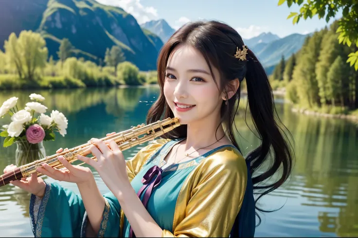 Best Quality　masterpiece　detailed　A very beautiful woman is smiling and playing the flute　In front of a beautiful lake　There are a lot of musical notes flying in the air　Fairy tale　Fantasy　Fantasy