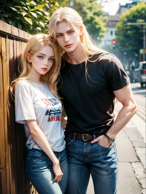 pair, 1 girl 1 boy, different hair color, Long blonde white hair, straight hair, without bangs, Red eyes. He is wearing jeans and a T-shirt.. She wears shorts and a T-shirt, long brown hair, wavy and (Blue eyes) unbuttoned black shirt and jeans, Height var...