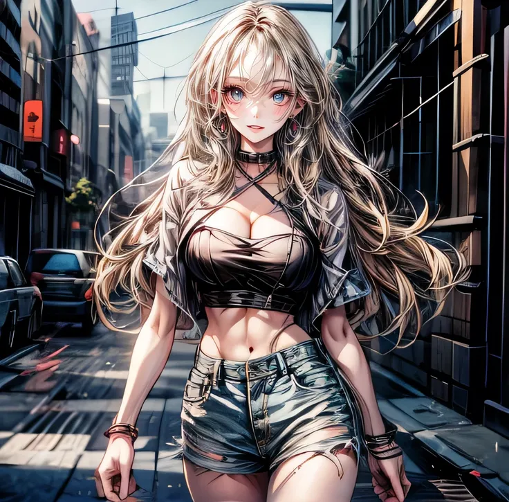 (masterpiece:1.2), Best Quality, Pixiv, Cool girl, wonderful, Blonde, street, short shorts, Large Breasts