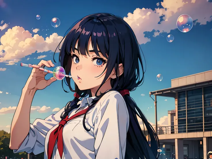 dark blue hair, middle hair, hime cut, floating hair, naughty, High school girl blowing bubbles, Blowing soap bubbles with a straw, In the park, sunset, Many soap bubbles flying, wide shot, anime, UHD, retina, accurate, anatomically correct, textured skin,...