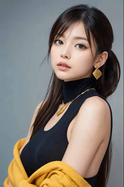 She has bright blue eyes、Long black hair tied in a high ponytail。The hair is soft and realistically shaded.、There are a few loose strands of hair framing the face.。She is wearing a black sleeveless turtleneck top.、It highlights her white skin。A gold chain ...