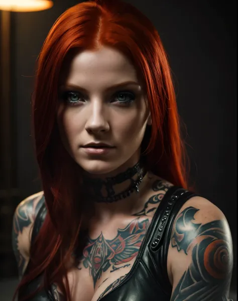 masterpiece, best quality,photorealistic, (best quality,4K,8k,highres,masterpiece:1.2),ultra-detailed,(realistic,photorealistic,photo-realistic:1.37),HDR,studio lighting,extreme detail description,vivid colors,bokeh Arafed woman with red hair and tattoos p...