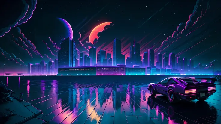 ((Best quality)),(Masterpiece), 80s, ((Only one car)), ((back view)), vectorized, synthwave, purple blue red orange, bright neon colors on a dark background, moon, (Lots of buildings)