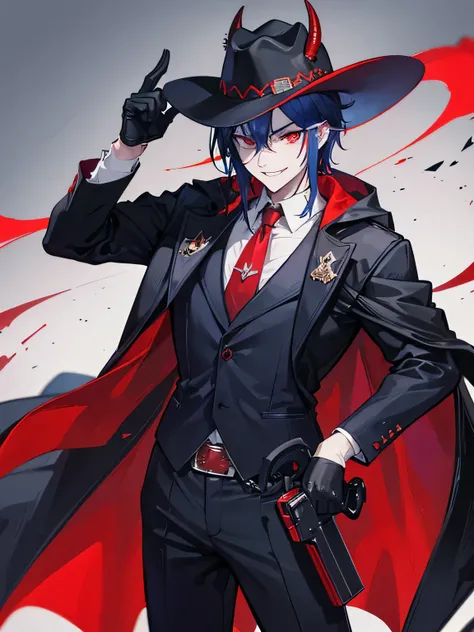 A handsome man, demon, smiling, red crimson eyes color, dark blue hair color, demon horns, demon tails, twenty-seven-years-old, laughing, wearing black gloves, cowboy hat, revolver, pistol, cloak, gun, one-handed gun, holding gun, sniper, shotgun