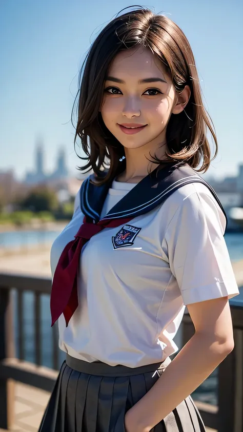 a girl with short brown hair, wearing a sailor style school uniform, standing, half body shot, facing the camera and smiling, so...