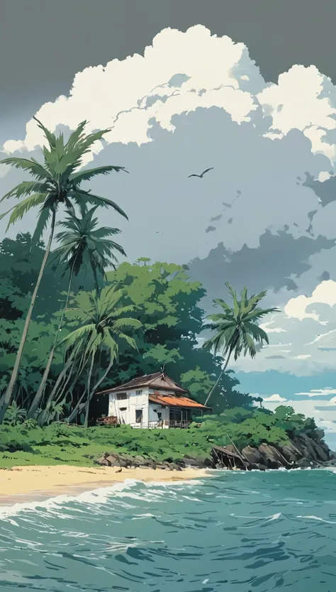 (minimalism:1.4), draw a simple tintin style art, an old hut on an island!!!,,   palm trees sky cloud white-gray stormy rain<<<<...