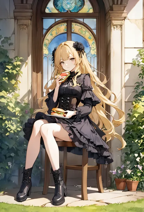 Attractive view of young woman eating sandwich on the lawn, (((watercolor))), (((gothic))), ,she was adorned with hair accessories、, Wavy Blonde Hair。Ruffled mini skirt, sheの表情は自然だ, Calm expression. she wore a dress with ruffled sleeves and a tight corset....