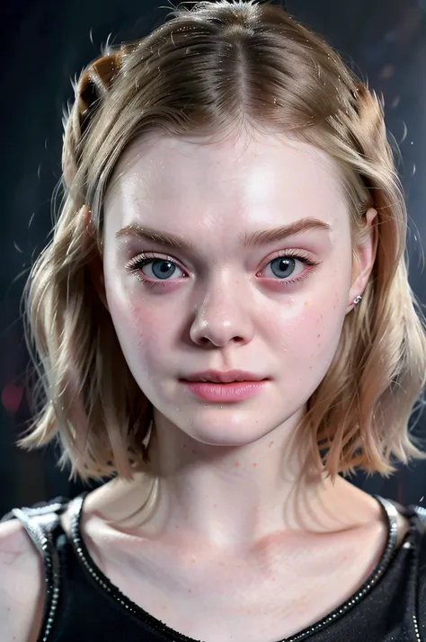 Side portret of elle fanning. Dark background, bright light up front, detailed face, face tilted to the left, showing her right cheek