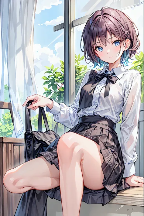 Please redeem，Beautiful face in every detail，cute，Dark brown eyes，(背の低いcute女の子，Young student，Young and delicate girl）,（masterpiece，Please redeem)，Black Hair，Sleepy look，Checkered black skirt，Brown Hair，Shortcuts，Messy Hair，Short braided hair，Neat，Slender b...