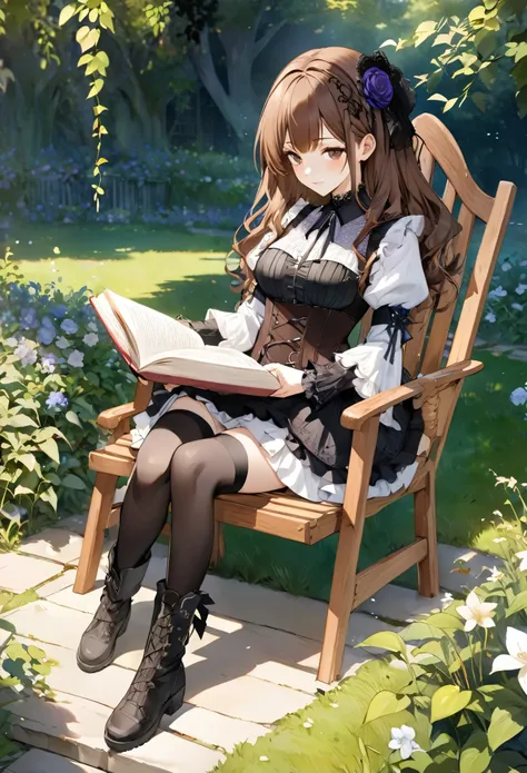 Attractive view of a young woman reading a book on the grass,(((Watercolor))),  (((gothic))), ,she was adorned with hair accessories、, Wavy brown hair。Ruffled mini skirt, sheの表情は自然だ, Calm expression. she wore a dress with ruffled sleeves and a tight corset...