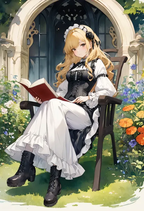 Attractive view of a young woman reading a book on the grass,(((Watercolor))),  (((gothic))), ,she was adorned with hair accessories、, Wavy Blonde Hair。Ruffled mini skirt, sheの表情は自然だ, Calm expression. she wore a dress with ruffled sleeves and a tight corse...