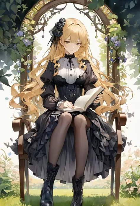 Attractive view of a young woman reading a book on the grass,(((Watercolor))),  (((gothic))), ,she was adorned with hair accessories、, Wavy Blonde Hair。Ruffled mini skirt, sheの表情は自然だ, Calm expression. she wore a dress with ruffled sleeves and a tight corse...