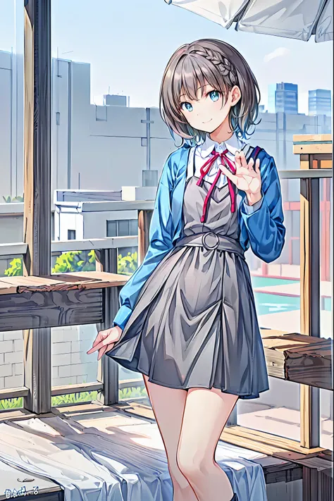 Beautiful face in every detail，cute，(背の低いcute女の子，Young student，Young and delicate girl），Brown Hair，Shortcuts，Messy Hair，Short braided hair，Neat，Slender beauty，A dignified posture，Small chest，Beautiful feet，Her captivating grey-blue eyes shine like stars，Vi...