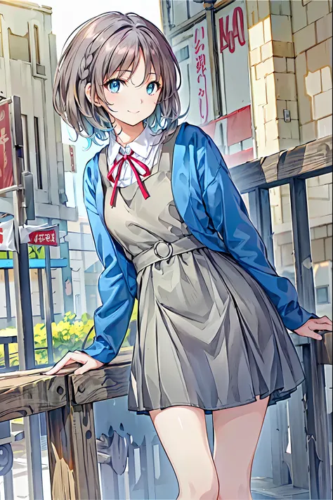 Beautiful face in every detail，cute，(背の低いcute女の子，Young student，Young and delicate girl），Brown Hair，Shortcuts，Messy Hair，Short braided hair，Neat，Slender beauty，A dignified posture，Small chest，Beautiful feet，Her captivating grey-blue eyes shine like stars，Vi...