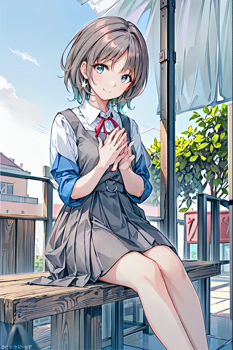 Beautiful face in every detail，cute，(背の低いcute女の子，Young student，Young and delicate girl），Brown Hair，Shortcuts，Messy Hair，Short braided hair，Neat，Slender beauty，A dignified posture，Small chest，Beautiful feet，Her captivating grey-blue eyes shine like stars，Vi...