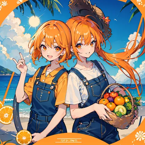 kkawaii, anime, Cute, hyper quality, highly detailed, 8k, Clarity, Draw facial expressions in detail, orange eyes, orange hair, wear overalls, highlight on eyes, convey the whole thing, ponytail, holding a basket of fruit, smile, straw hat, infect one pers...