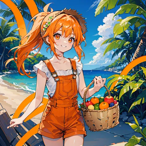 kkawaii, anime, Cute, hyper quality, highly detailed, 8k, Clarity, Draw facial expressions in detail, orange eyes, orange hair, wear overalls, highlight on eyes, convey the whole thing, ponytail, holding a basket of fruit, smile, straw hat, infect one pers...