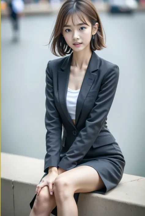 Best Quality, Realistic, Super detailed, finely, High resolution, 8K wallpaper, One beautiful woman,, Light brown messy hair, Wearing a business suit,Wear a slit skirt、 Detailed and beautiful eyes, Thin Hair, Beautiful legs、Sitting on the breakwater、talk、c...
