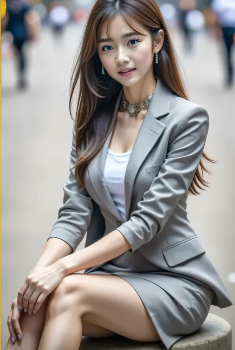 Best Quality, Realistic, Super detailed, finely, High resolution, 8K wallpaper, One beautiful woman,, Light brown messy hair, Wearing a business suit,Wear a slit skirt、 Detailed and beautiful eyes, Thin Hair, Beautiful legs、Sitting on a tetrapod、talk、chat