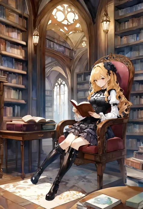 Attractive view of a young woman reading a book in the library, (((Watercolor))), (((gothic))), ,she was adorned with hair accessories、,Wavy Blonde Hair。Ruffled mini skirt, sheの表情は自然だ, Calm expression. she wore a dress with ruffled sleeves and a tight cors...