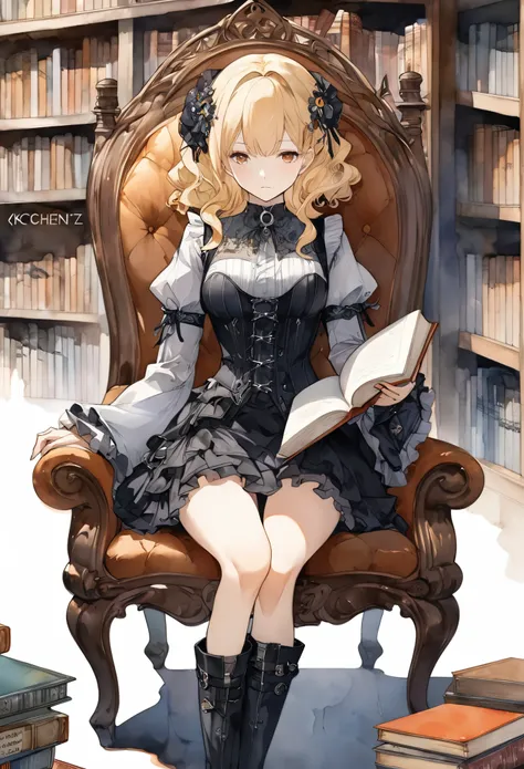 Attractive view of a young woman reading a book in the library, (((Watercolor))), (((gothic))), ,she was adorned with hair accessories、,Wavy Blonde Hair。Ruffled mini skirt, sheの表情は自然だ, Calm expression. she wore a dress with ruffled sleeves and a tight cors...