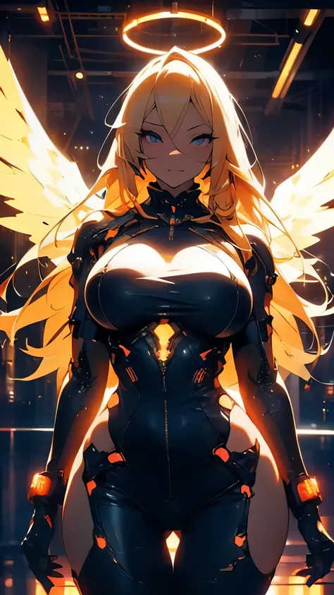 (Blonde Long Hair)、(Embarrassing、Bitch、Prostitute、Slut、Prostitute)、(Huge breasts:1.5)、(Wide Hips、Thick thighs、curve)、(Camel toe、(NSFW:1.3))、(Orange plug suit)、(Glowing cyberpunk decor)、(Cyberpunk space at night)、(Angel Halo)、(Glowing angel wings)