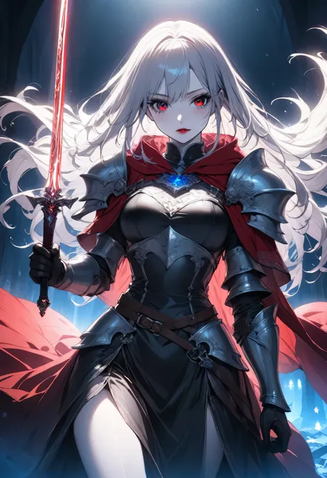 (full body portrait), 1girl, solo, holding weapon, sword, (long silver hair), detailed face, mischief expression, pale white ski...