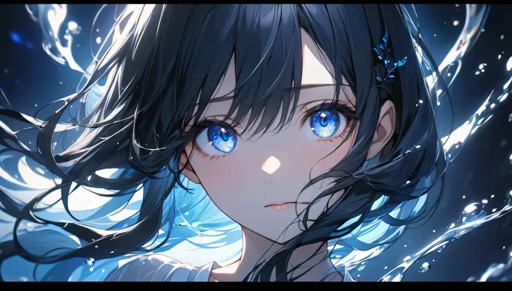 Upper body close-up（((masterpiece), exist)"Close portrait of a young woman，blue eyes，In anime style, Shoulder-Length Black Hair with Blue Highlights. Her hair exists gently fluttering in the wind, She gazed upward，With a pair of big, shining eyes. The back...