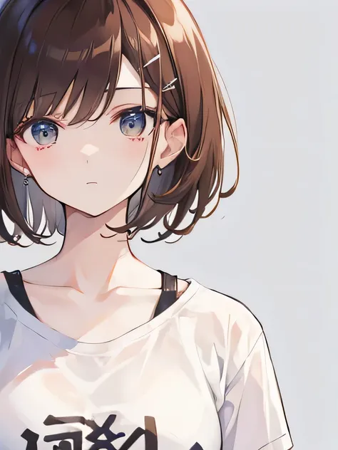 High image quality，woman，Brown Hair，Short Hair，hairpin，White T-shirt