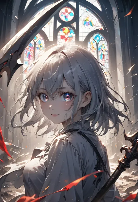 (masterpiece, best quality, vivid colors, sharp contrast, dynamic lighting) a close-up of a silver-haired girl standing in the c...