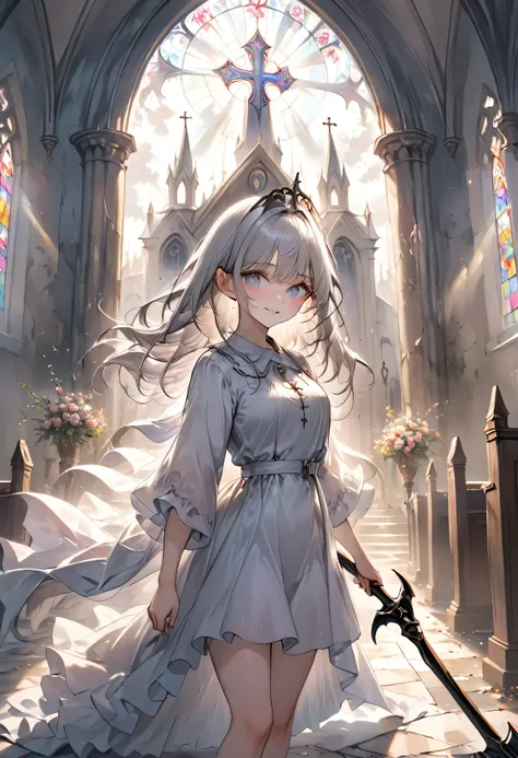 (masterpiece, best quality, pastel tones, light colors, soft focus) ,scary,a silver-haired girl stands at the altar of a forgott...