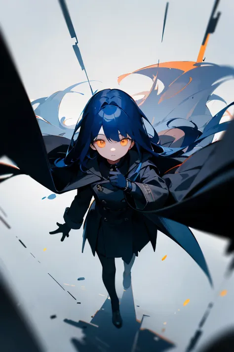 ((Best Quality)), ((masterpiece)), (detailed), Black coat 、Navy Blue Hair、Long Hair、Orange eyes、Young Looks like a young child、Black gloves、Eyes glowing. Background is dark. Standing. 、The calm camera is looking down from above