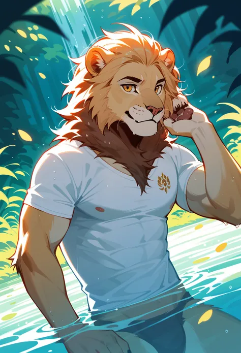 rating_safe, score_9, score_8_up, score_7_up, score_6_up, score_5_up, score_4_up, hires, source_furry, cover page, perfect anatomy(angelic cute 1boy, Furry, Solo focus, Facial features of male lion, Features of the male lion body)bathing in water, beautifu...