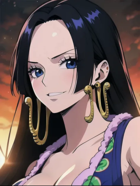 Masterpiece, Boa Hancock from One Piece, detailed face, beautiful blue eyes, small smile, wears earrings; big breasts, cleavage, loose and stylized hair, long beautiful hair, wears Boa Hancock earrings, (wears a blue swimsuit), , has cleavage, bare abdomen...